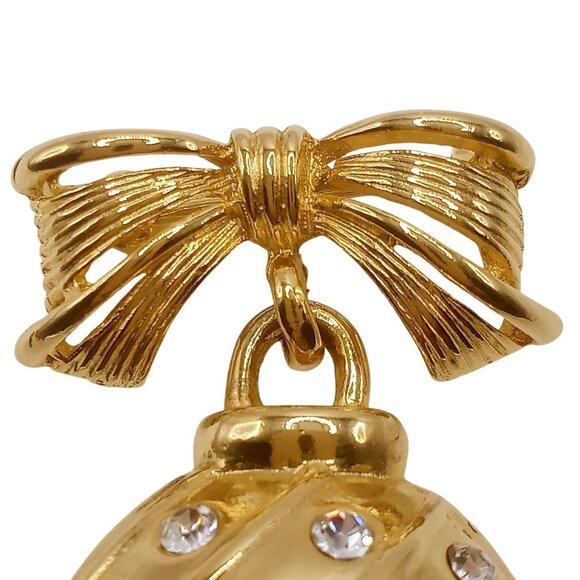 Christmas Brooch Bow & Ornament Gold Tone Metal Rhinestone Dangle Lapel Pin - Picture 2 of 7